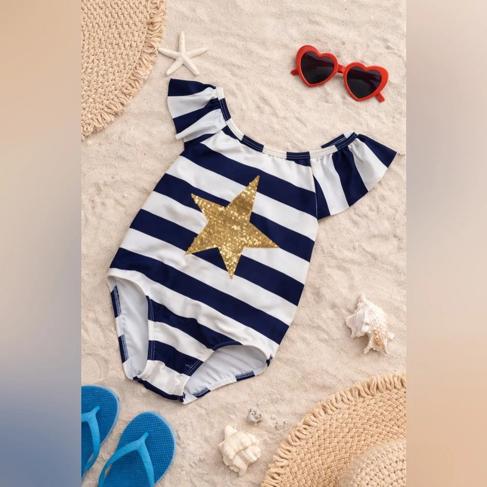 Cat & Jack Navy Stripe One Piece Swimsuit Gold Star Girls 5T Beach Swimwear